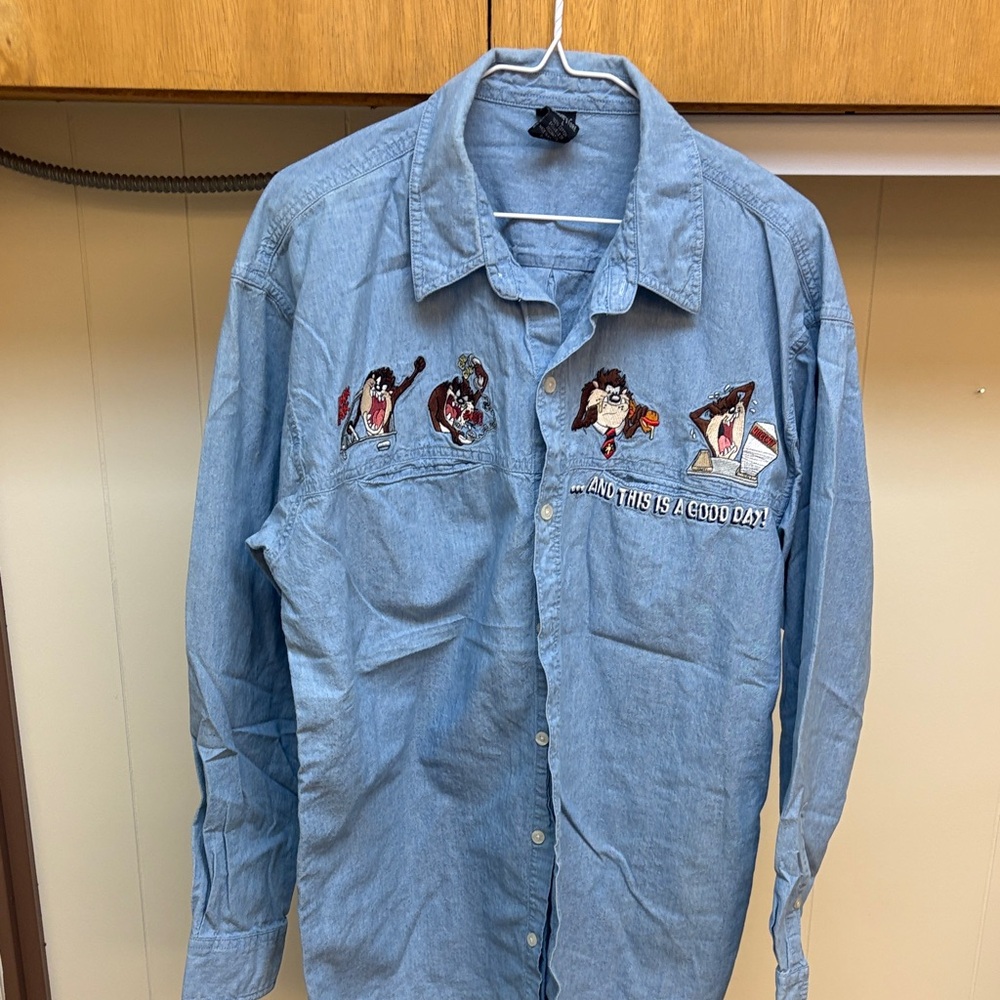 Blue Denim Shirt with Embroidered Cartoon Characters